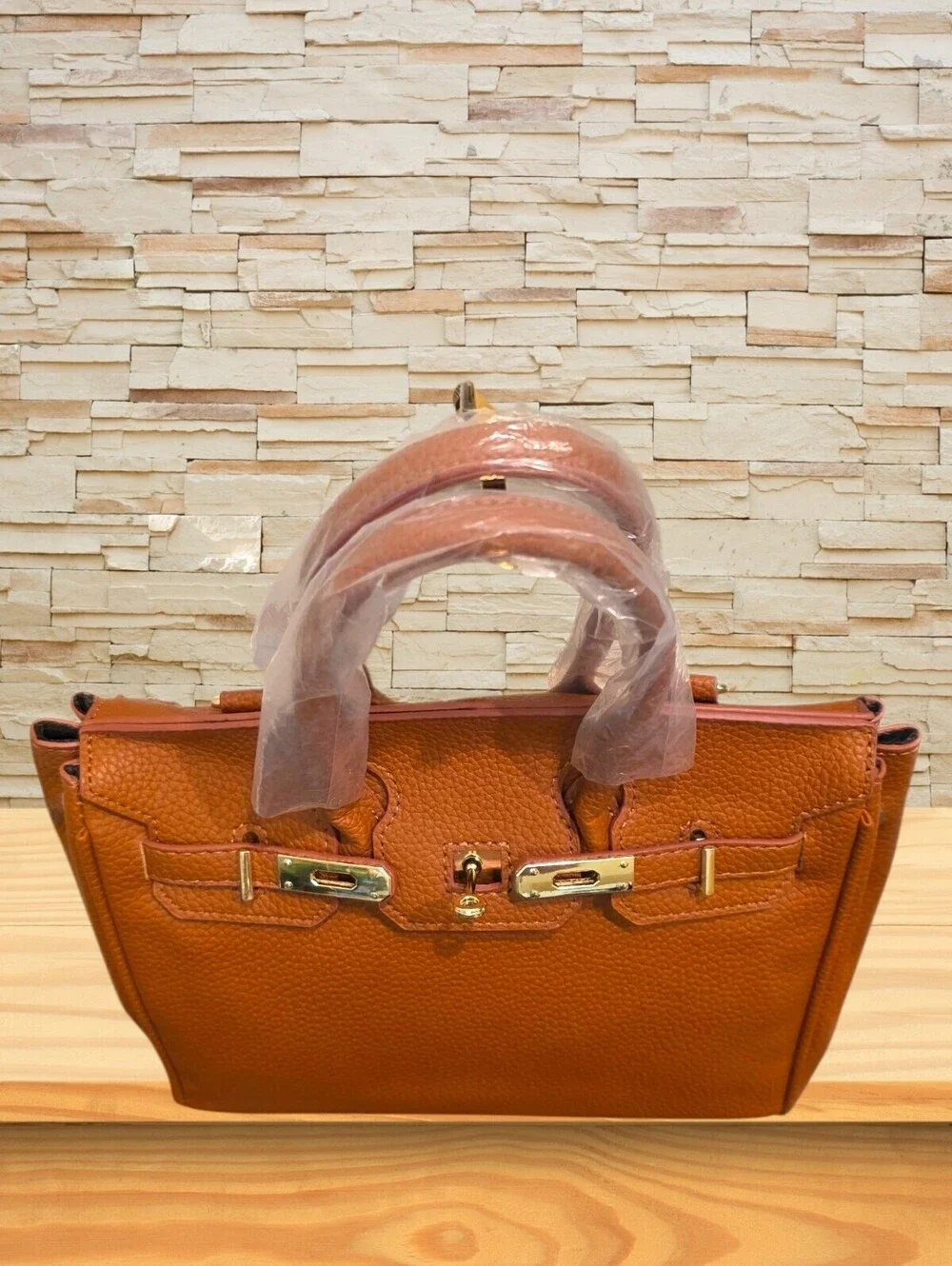 Pebbled Faux Leather Designer Style Cognac Satchel Crossbody Gold Accents